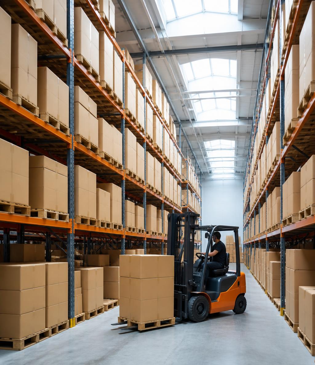 Warehouse aisle with pallets of stocked goods and a forklift at KWP Distribution